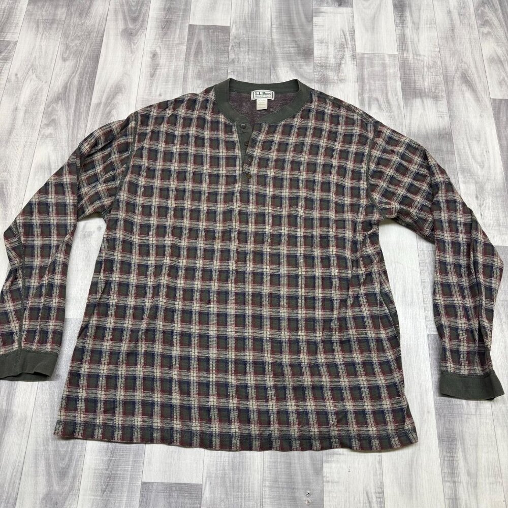 ✅Mens XXL VTG LL Bean Long Sleeve Shirt Plaid Thermal Henley 3-Button in USA 80s